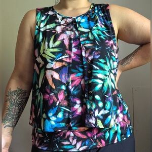 Rafaella Rainbow Tropical Leaf Print Flowy Layered Blouse Size Petite Large